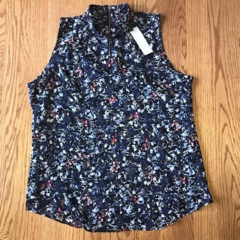 White House Black Market Navy Floral Sleeveless Mock Neck Zip Top